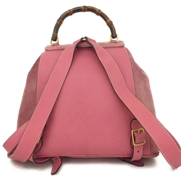 Beautiful HTF Pink Suede & Leather GUCCI Backpack w/Bamboo handle and Closures - Picture 3 of 12
